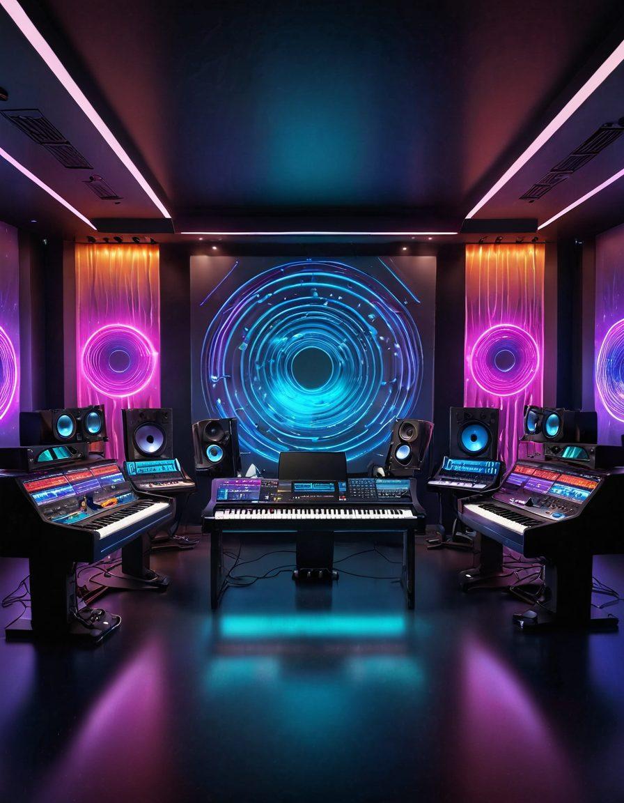 A futuristic music studio filled with advanced technology, including digital instruments and holographic displays of sound waves, a diverse group of music producers collaborating, vibrant colored sound waves flowing through the air, conveying innovation and creativity. super-realistic. vibrant colors. 3D.