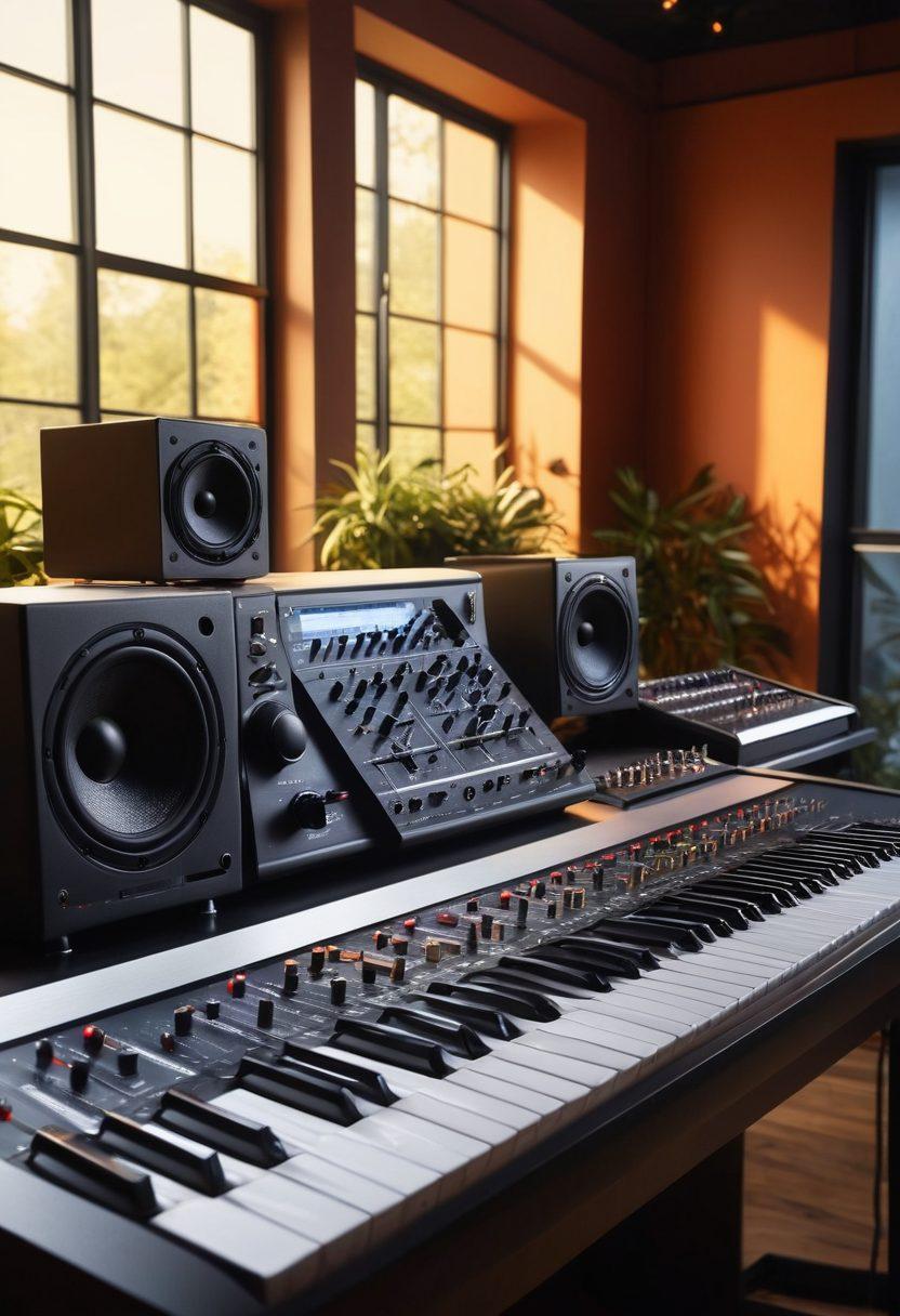 A sleek, modern audio studio filled with cutting-edge audio gear, including microphones, speakers, and mixing consoles, bathed in a warm and inviting light. Showcase an artist passionately adjusting knobs and faders, with soundwave graphics subtly overlaying the background to emphasize innovation. Include elements of nature outside the window for a fresh perspective on sound production. vibrant colors. super-realistic. 3D.
