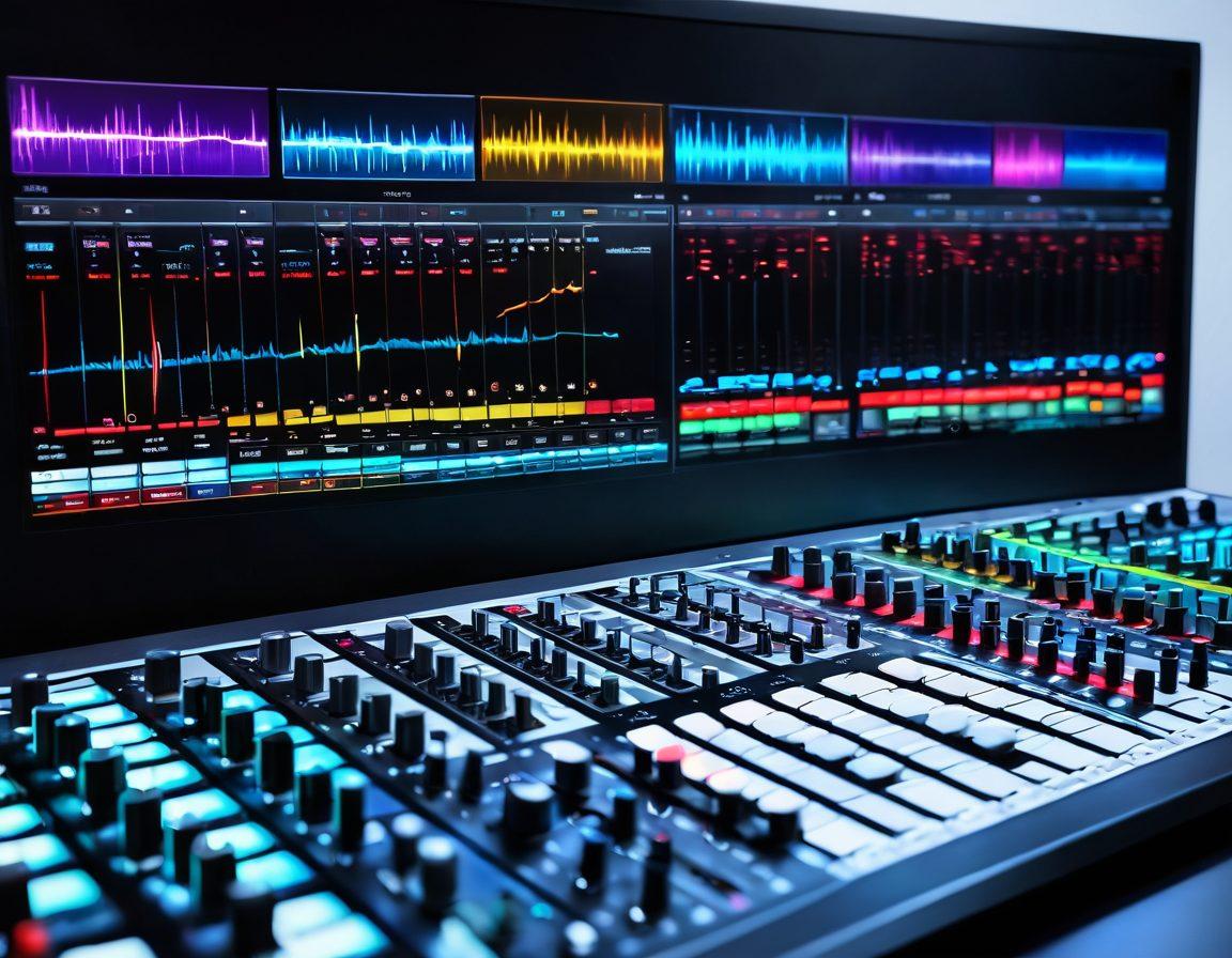 A sleek audio mixing console with colorful sliders and knobs, surrounded by various essential audio gear like headphones, microphones, and studio monitors. The background features vibrant sound waves visualized in electric colors, symbolizing dynamic sound production. Include a glowing digital screen displaying audio levels and waveforms, evoking a modern studio feel. super-realistic. vibrant colors. white background.